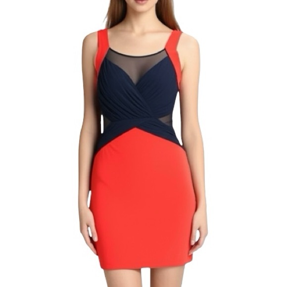 2b Bebe Bodycon Gia Mesh Front Cross Mini Dress Red Black Cocktail Party Y2K - Picture 2 of 16